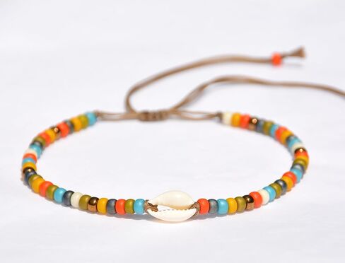 خلخال على شكل صدفة للنساء، سوار كاحل بوهيمي بوهيمي مقاوم للماء مطرز قابل للتعديل، خلخال من الخرز الملون على شكل صدف كاوري طبيعي، مجوهرات للقدم على طراز هاواي لصيف الشاطئ، مصنوعة يدويًا من قبل القبائل in Kuwait