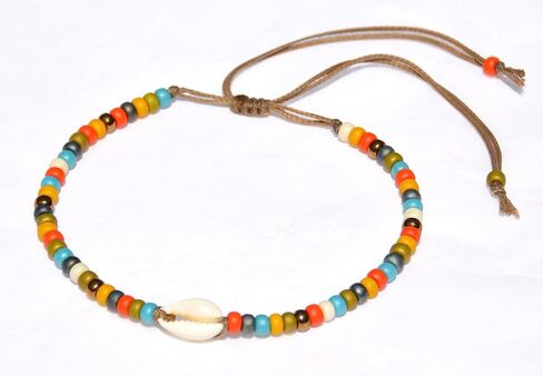 خلخال على شكل صدفة للنساء، سوار كاحل بوهيمي بوهيمي مقاوم للماء مطرز قابل للتعديل، خلخال من الخرز الملون على شكل صدف كاوري طبيعي، مجوهرات للقدم على طراز هاواي لصيف الشاطئ، مصنوعة يدويًا من قبل القبائل in Kuwait