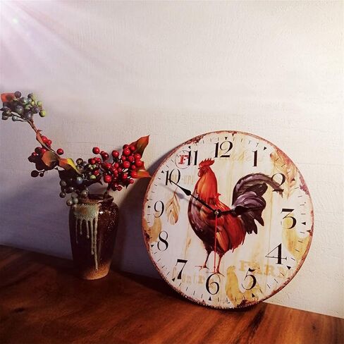 Qukueoy 12 Inch Vintage Farmhouse Kitchen Wall Clocks Battery Operated Rooster Analog Clock for Dinning Living Room Decor,Thicken Wood Board,Non-Ticking in Saudi Arabia