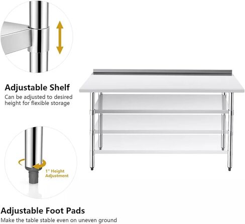 طاولة من الفولاذ المقاوم للصدأ مقاس 48 × 24 بوصة للإعداد والعمل، جزيرة مطبخ تجارية شديدة التحمل من الفولاذ المقاوم للصدأ مع رف سفلي وبلاش باكسبلاش للمطعم والمنزل in Kuwait