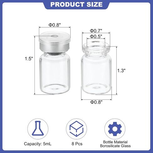 PATIKIL 5ml Sample Vials, 8 Pack Lab Empty Vials with Butyl Rubber Stopper and Crimp Top Caps Borosilicate Glass Vial, Transparent in Kuwait