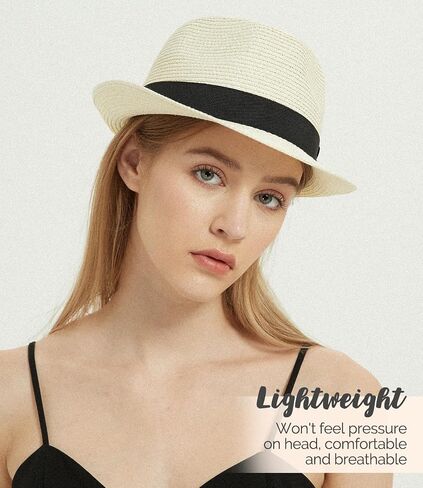 Straw Fedora Sun Hat for Women Men Short Brim Panama Trilby Beach Hat Packable Summer Hat UPF 50+ in Saudi Arabia