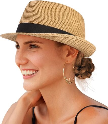 Straw Fedora Sun Hat for Women Men Short Brim Panama Trilby Beach Hat Packable Summer Hat UPF 50+ in Saudi Arabia