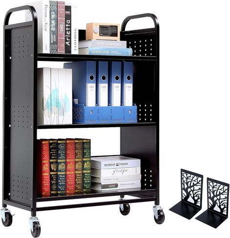 عربة كتب بعجلات، عربة مكتبة فولاذية 200 رطل، عربات دوارة مقاس 30 × 14 × 49 بوصة مع رف كتب من 3 طبقات، أرفف أحادية الجانب على شكل حرف V، شاحنة خزانة كتب قابلة للقفل للمكتب والمنزل ومنظم المدرسة (أسود) in Kuwait