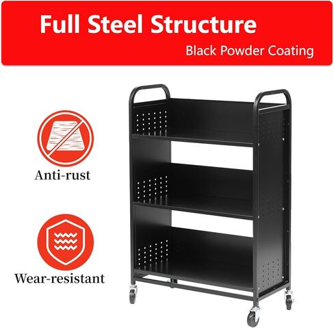 عربة كتب بعجلات، عربة مكتبة فولاذية 200 رطل، عربات دوارة مقاس 30 × 14 × 49 بوصة مع رف كتب من 3 طبقات، أرفف أحادية الجانب على شكل حرف V، شاحنة خزانة كتب قابلة للقفل للمكتب والمنزل ومنظم المدرسة (أسود) in Kuwait