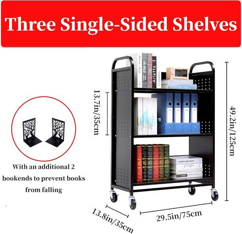 عربة كتب بعجلات، عربة مكتبة فولاذية 200 رطل، عربات دوارة مقاس 30 × 14 × 49 بوصة مع رف كتب من 3 طبقات، أرفف أحادية الجانب على شكل حرف V، شاحنة خزانة كتب قابلة للقفل للمكتب والمنزل ومنظم المدرسة (أسود) in Kuwait
