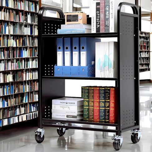 عربة كتب بعجلات، عربة مكتبة فولاذية 200 رطل، عربات دوارة مقاس 30 × 14 × 49 بوصة مع رف كتب من 3 طبقات، أرفف أحادية الجانب على شكل حرف V، شاحنة خزانة كتب قابلة للقفل للمكتب والمنزل ومنظم المدرسة (أسود) in Kuwait