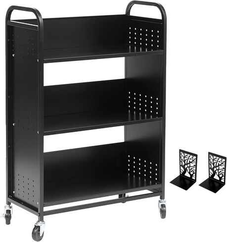 عربة كتب بعجلات، عربة مكتبة فولاذية 200 رطل، عربات دوارة مقاس 30 × 14 × 49 بوصة مع رف كتب من 3 طبقات، أرفف أحادية الجانب على شكل حرف V، شاحنة خزانة كتب قابلة للقفل للمكتب والمنزل ومنظم المدرسة (أسود) in Kuwait