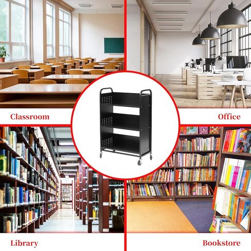 عربة كتب بعجلات، عربة مكتبة فولاذية 200 رطل، عربات دوارة مقاس 30 × 14 × 49 بوصة مع رف كتب من 3 طبقات، أرفف أحادية الجانب على شكل حرف V، شاحنة خزانة كتب قابلة للقفل للمكتب والمنزل ومنظم المدرسة (أسود) in Kuwait