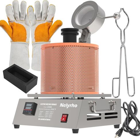 فرن صهر كهربائي 3 كجم، تسخين 1500 وات بسرعة، بحد أقصى 2102 درجة فهرنهايت طقم فرن صهر PID مجوهرات تكرير الصب، مع بوتقة وقالب سبيكة، للنحاس والذهب والفضة والألومنيوم in Kuwait