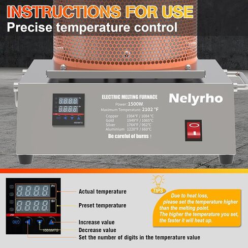 فرن صهر كهربائي 3 كجم، تسخين 1500 وات بسرعة، بحد أقصى 2102 درجة فهرنهايت طقم فرن صهر PID مجوهرات تكرير الصب، مع بوتقة وقالب سبيكة، للنحاس والذهب والفضة والألومنيوم in Kuwait