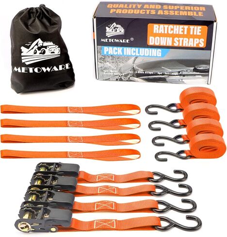 أشرطة السقاطة مربوطة لأسفل - قوة كسر 1764 رطل - 4 قطع من ربطات السقاطة مقاس 1 بوصة × 15 بوصة مع مقبض مبطن، وخطاف S مطلي، وحلقة ناعمة، وحقيبة تخزين لنقل البضائع، ومعدات العشب، والدراجة النارية (أسود) in Kuwait