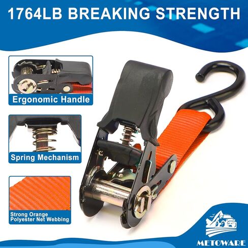 أشرطة السقاطة مربوطة لأسفل - قوة كسر 1764 رطل - 4 قطع من ربطات السقاطة مقاس 1 بوصة × 15 بوصة مع مقبض مبطن، وخطاف S مطلي، وحلقة ناعمة، وحقيبة تخزين لنقل البضائع، ومعدات العشب، والدراجة النارية (أسود) in Kuwait