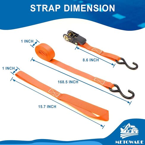 أشرطة السقاطة مربوطة لأسفل - قوة كسر 1764 رطل - 4 قطع من ربطات السقاطة مقاس 1 بوصة × 15 بوصة مع مقبض مبطن، وخطاف S مطلي، وحلقة ناعمة، وحقيبة تخزين لنقل البضائع، ومعدات العشب، والدراجة النارية (أسود) in Kuwait