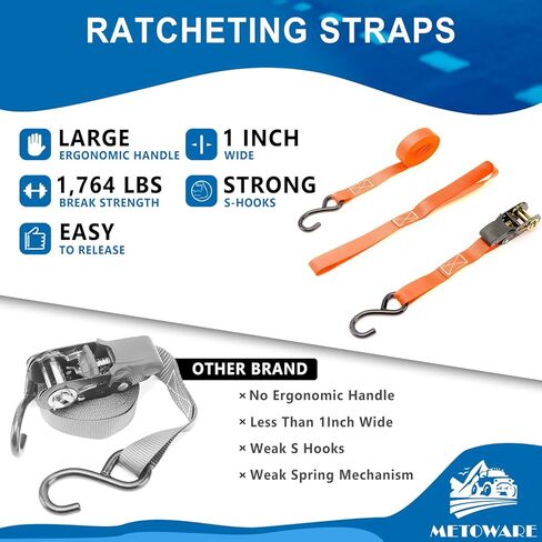 أشرطة السقاطة مربوطة لأسفل - قوة كسر 1764 رطل - 4 قطع من ربطات السقاطة مقاس 1 بوصة × 15 بوصة مع مقبض مبطن، وخطاف S مطلي، وحلقة ناعمة، وحقيبة تخزين لنقل البضائع، ومعدات العشب، والدراجة النارية (أسود) in Kuwait