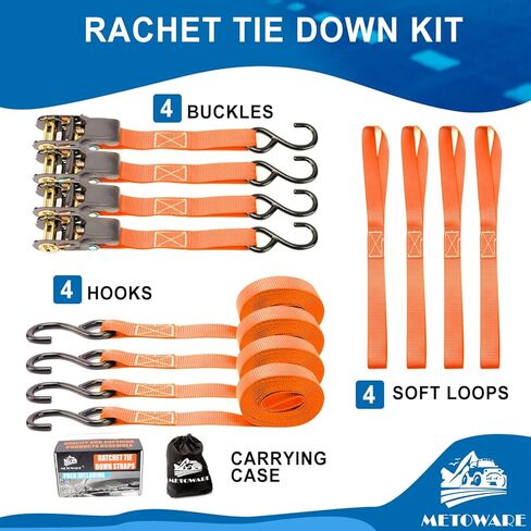 أشرطة السقاطة مربوطة لأسفل - قوة كسر 1764 رطل - 4 قطع من ربطات السقاطة مقاس 1 بوصة × 15 بوصة مع مقبض مبطن، وخطاف S مطلي، وحلقة ناعمة، وحقيبة تخزين لنقل البضائع، ومعدات العشب، والدراجة النارية (أسود) in Kuwait