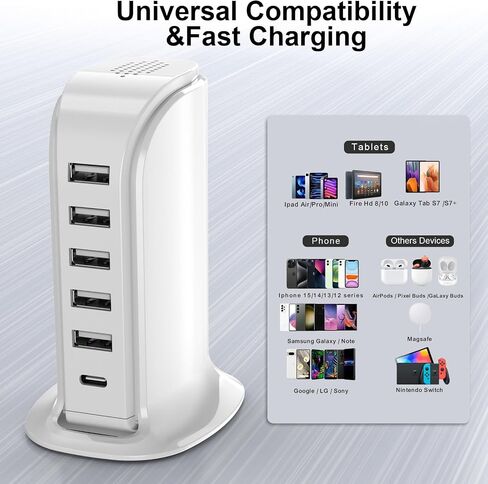 محطة شحن لأجهزة متعددة، موزع USB مع 5 منافذ USB+1 من النوع C إجمالي 60 وات، كتل شحن شحن سريع لأدوات Apple/Samsung/Android، ملحقات مكتب المنزل اللطيفة in Saudi Arabia