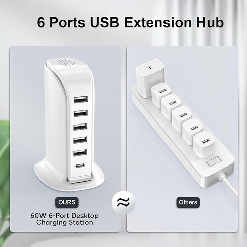 محطة شحن لأجهزة متعددة، موزع USB مع 5 منافذ USB+1 من النوع C إجمالي 60 وات، كتل شحن شحن سريع لأدوات Apple/Samsung/Android، ملحقات مكتب المنزل اللطيفة in Saudi Arabia