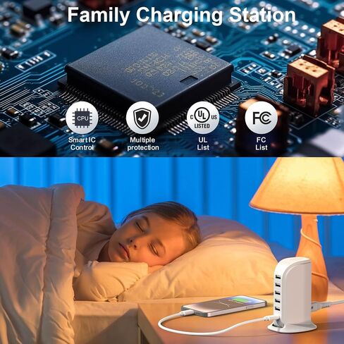 محطة شحن لأجهزة متعددة، موزع USB مع 5 منافذ USB+1 من النوع C إجمالي 60 وات، كتل شحن شحن سريع لأدوات Apple/Samsung/Android، ملحقات مكتب المنزل اللطيفة in Saudi Arabia