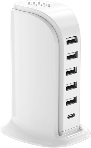 محطة شحن لأجهزة متعددة، موزع USB مع 5 منافذ USB+1 من النوع C إجمالي 60 وات، كتل شحن شحن سريع لأدوات Apple/Samsung/Android، ملحقات مكتب المنزل اللطيفة in Saudi Arabia