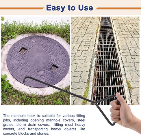 2pcs 39.4" Manhole Hook Versatile Manhole Cover Lifter Heavy Loading Carbon Steel Lid Puller With Rotated Handle for Manhole Covers & Storm Drain Cover, Black in Saudi Arabia