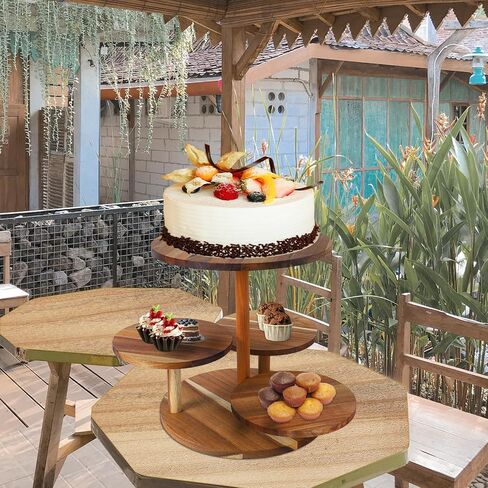 مجموعة من 4 رافعات بوفيه خشبية، ورافعات عرض طعام مربعة للبيع بالتجزئة للحفلات، وحوامل بيتزا من الخشب المحروق والأسلاك المعدنية السوداء للتقديم in Kuwait