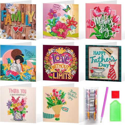 8 مجموعات من بطاقات الفن الماسي لعيد الأم، مجموعة DIY لعيد الأم والأب، أحبك شكرًا لك، بطاقات تهنئة فنية ماسية خماسية الأبعاد، هدايا فنية للعائلة الأم والأب in Kuwait