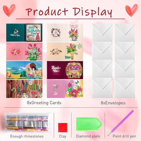 8 مجموعات من بطاقات الفن الماسي لعيد الأم، مجموعة DIY لعيد الأم والأب، أحبك شكرًا لك، بطاقات تهنئة فنية ماسية خماسية الأبعاد، هدايا فنية للعائلة الأم والأب in Kuwait