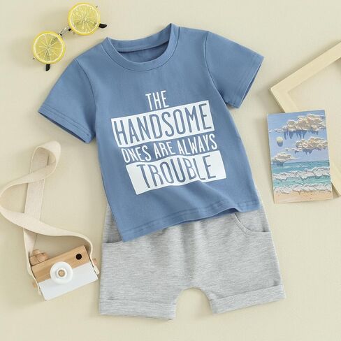 Toddler Baby Boy Clothes Mamas Little Boy Summer Outfit Short Sleeve Letter T Shirt Tops Newborn Rolled Shorts Set in Saudi Arabia