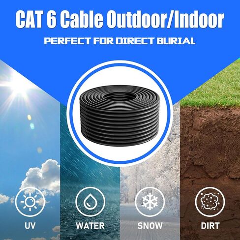 كابل إيثرنت Cat 6 بطول 100 قدم خارجي، كابل Cat 6 محمي FTP 23AWG، عالي التحمل، مقاوم للماء، دفن مباشر، داخلي، كابل شبكة إنترنت LAN مقاوم للأشعة فوق البنفسجية بطول 100 قدم بدون أطراف لمودم ألعاب جهاز التوجيه، CCA in Kuwait