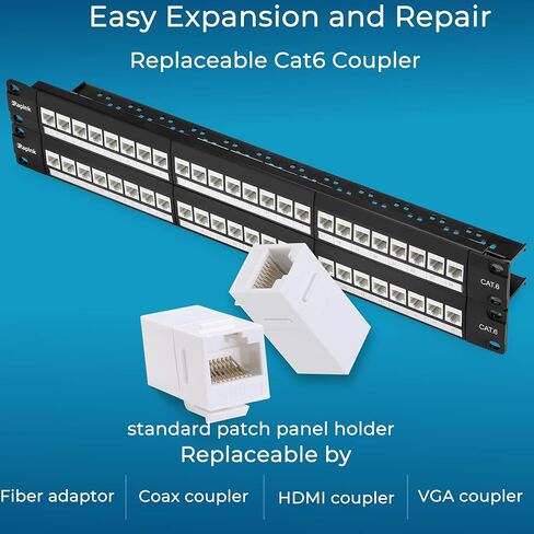 Rapink Patch Panel 24 Port Cat6 with Inline Keystone 10G Support, Pass-Thru Coupler Patch Panel UTP 19-Inch with Removable Back Bar, 1U Network Panel for Cat6, Cat5e, Cat5 Cabling in Kuwait