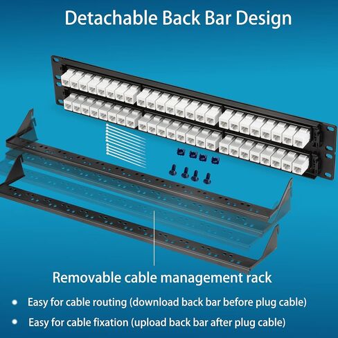 Rapink Patch Panel 24 Port Cat6 with Inline Keystone 10G Support, Pass-Thru Coupler Patch Panel UTP 19-Inch with Removable Back Bar, 1U Network Panel for Cat6, Cat5e, Cat5 Cabling in Kuwait