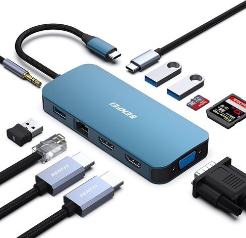 محطة إرساء الكمبيوتر المحمول BENFEI 11 في 1 USB C MST مع كابل تصميم منسوج من السيليكون، محور USB-C مع USB-C إلى 2 * HDMI/1 * VGA، إلى 3 * USB 3.0/SD/TF قارئ بطاقات/إيثرنت/100 وات توصيل الطاقة/ صوت Aux 3.5 ملم in Saudi Arabia