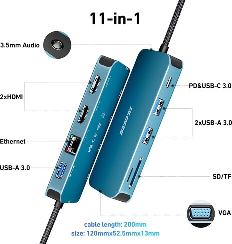 محطة إرساء الكمبيوتر المحمول BENFEI 11 في 1 USB C MST مع كابل تصميم منسوج من السيليكون، محور USB-C مع USB-C إلى 2 * HDMI/1 * VGA، إلى 3 * USB 3.0/SD/TF قارئ بطاقات/إيثرنت/100 وات توصيل الطاقة/ صوت Aux 3.5 ملم in Saudi Arabia