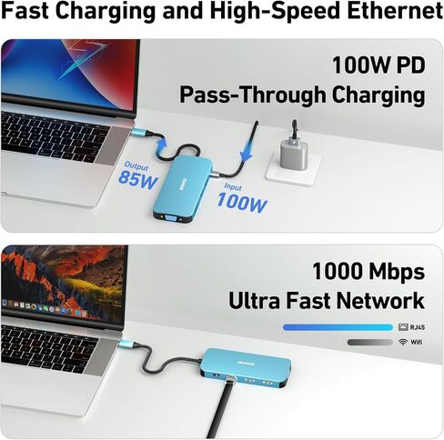 محطة إرساء الكمبيوتر المحمول BENFEI 11 في 1 USB C MST مع كابل تصميم منسوج من السيليكون، محور USB-C مع USB-C إلى 2 * HDMI/1 * VGA، إلى 3 * USB 3.0/SD/TF قارئ بطاقات/إيثرنت/100 وات توصيل الطاقة/ صوت Aux 3.5 ملم in Saudi Arabia