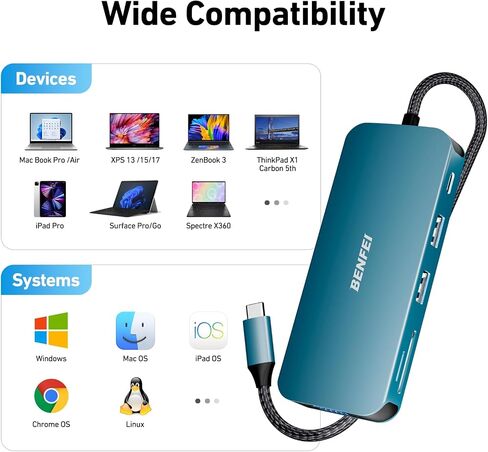 محطة إرساء الكمبيوتر المحمول BENFEI 11 في 1 USB C MST مع كابل تصميم منسوج من السيليكون، محور USB-C مع USB-C إلى 2 * HDMI/1 * VGA، إلى 3 * USB 3.0/SD/TF قارئ بطاقات/إيثرنت/100 وات توصيل الطاقة/ صوت Aux 3.5 ملم in Saudi Arabia