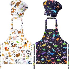 Grobro7 4pcs Kids Apron و Chef Hat مجموعة هدية للبنات الفتيات ، ومركبات البناء الديناصورات المطبخ قابلة للتعديل المطبخ المآيل مع اثنين من الجيوب المضادة للماء لخبز الطلاء صياغة in Kuwait