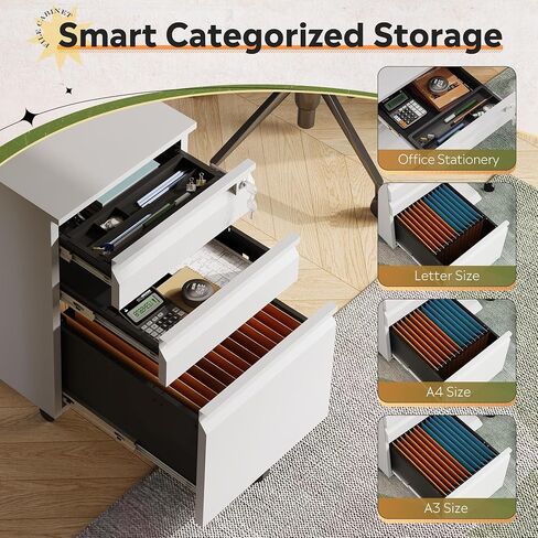 DEVAISE 3-Drawer File Cabinet with Lock & Wheels, White Metal Filing Cabinet for Home Office, Under Desk Storage, Mobile Vertical Organizer Fits Letter/A4 (17" D x15 W x24 H) in Kuwait