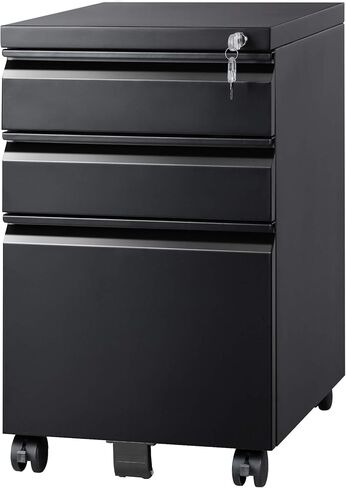 DEVAISE 3-Drawer File Cabinet with Lock & Wheels, White Metal Filing Cabinet for Home Office, Under Desk Storage, Mobile Vertical Organizer Fits Letter/A4 (17" D x15 W x24 H) in Kuwait