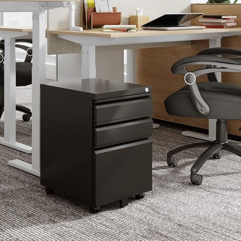 DEVAISE 3-Drawer File Cabinet with Lock & Wheels, White Metal Filing Cabinet for Home Office, Under Desk Storage, Mobile Vertical Organizer Fits Letter/A4 (17" D x15 W x24 H) in Kuwait