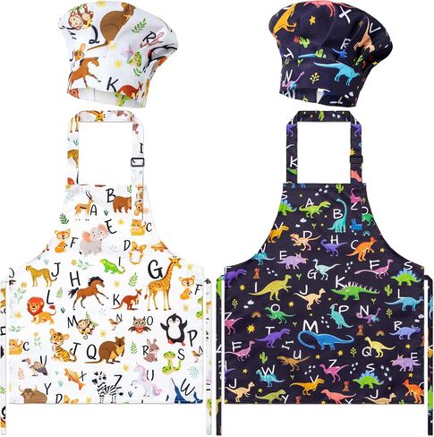 Grobro7 4pcs Kids Apron و Chef Hat مجموعة هدية للبنات الفتيات ، ومركبات البناء الديناصورات المطبخ قابلة للتعديل المطبخ المآيل مع اثنين من الجيوب المضادة للماء لخبز الطلاء صياغة in Kuwait