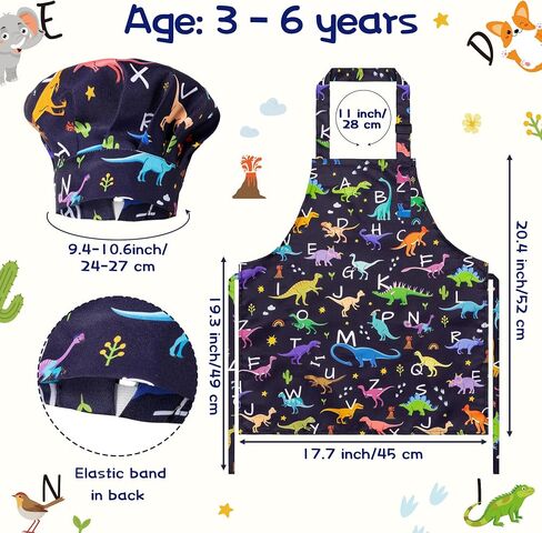 Grobro7 4pcs Kids Apron و Chef Hat مجموعة هدية للبنات الفتيات ، ومركبات البناء الديناصورات المطبخ قابلة للتعديل المطبخ المآيل مع اثنين من الجيوب المضادة للماء لخبز الطلاء صياغة in Kuwait