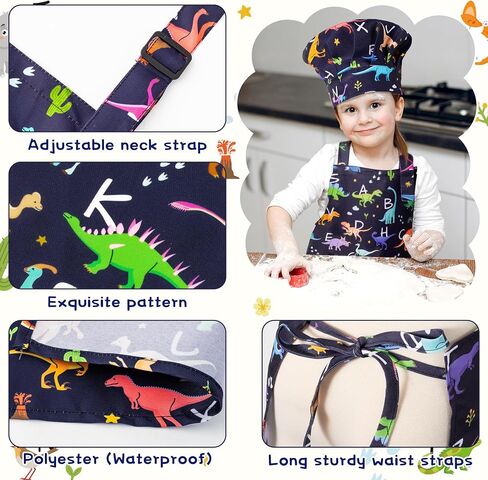 Grobro7 4pcs Kids Apron و Chef Hat مجموعة هدية للبنات الفتيات ، ومركبات البناء الديناصورات المطبخ قابلة للتعديل المطبخ المآيل مع اثنين من الجيوب المضادة للماء لخبز الطلاء صياغة in Kuwait