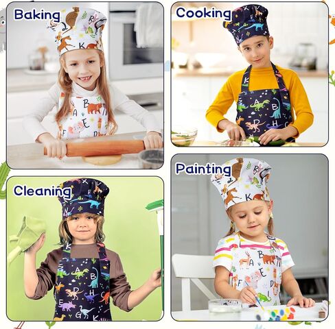 Grobro7 4pcs Kids Apron و Chef Hat مجموعة هدية للبنات الفتيات ، ومركبات البناء الديناصورات المطبخ قابلة للتعديل المطبخ المآيل مع اثنين من الجيوب المضادة للماء لخبز الطلاء صياغة in Kuwait