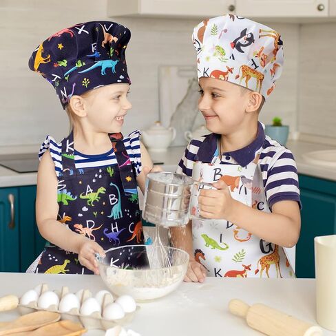 Grobro7 4pcs Kids Apron و Chef Hat مجموعة هدية للبنات الفتيات ، ومركبات البناء الديناصورات المطبخ قابلة للتعديل المطبخ المآيل مع اثنين من الجيوب المضادة للماء لخبز الطلاء صياغة in Kuwait