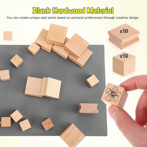 Operitacx 20Pcs Blank Wood Rubber Stamp Mounts, 20/40mm Blank Carving Blocks with Rubber Mat, Unfinished Wooden Block Set for Crafts DIY Stamp Making in Saudi Arabia