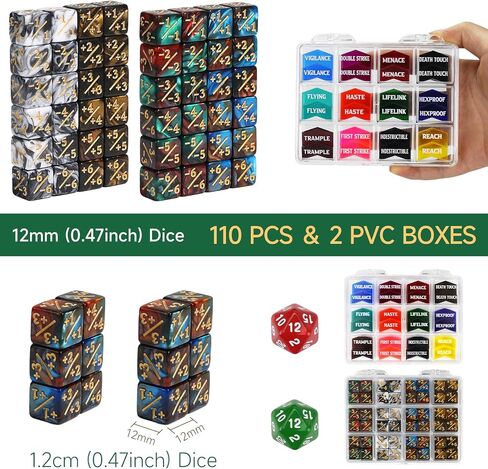 110 قطعة من القدرات MTG TOKENS 12 مم عدادات النرد المميزة للسحر ، MTG Life Counter Buff Tokens مع Box ، متوافقة in Kuwait