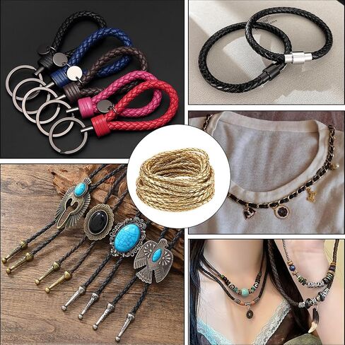 GORGECRAFT 5.5 Yard PU Leather Cord 8mm Metallic Round Braided Bolo Leather Cord Gold Leatherette Strip Braiding Antique Strap for DIY Crafts Bracelet Choker Necklace Anklets Keychain Jewelry Making in Saudi Arabia