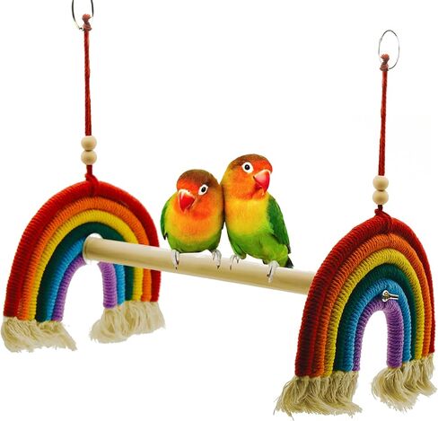 لعبة قوس قوس قزح الببغاء الأرجوحة - كتلة خفاف آمنة ودائمة للطيور الصغيرة والكبيرة - تقلب المنقار والأظافر ، ملحق قفص الطيور المرح والوظيفي (الخشب الطبيعي) in Kuwait