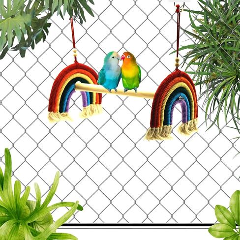 لعبة قوس قوس قزح الببغاء الأرجوحة - كتلة خفاف آمنة ودائمة للطيور الصغيرة والكبيرة - تقلب المنقار والأظافر ، ملحق قفص الطيور المرح والوظيفي (الخشب الطبيعي) in Kuwait
